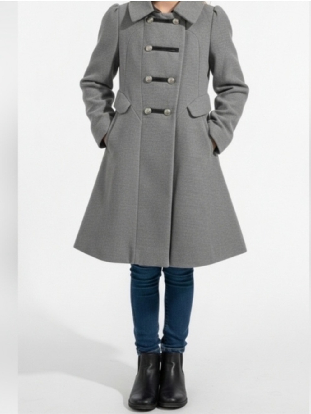 Rothschild Gray Double-Breasted Girls' Pea Coat with Decorative Buttons EUC
